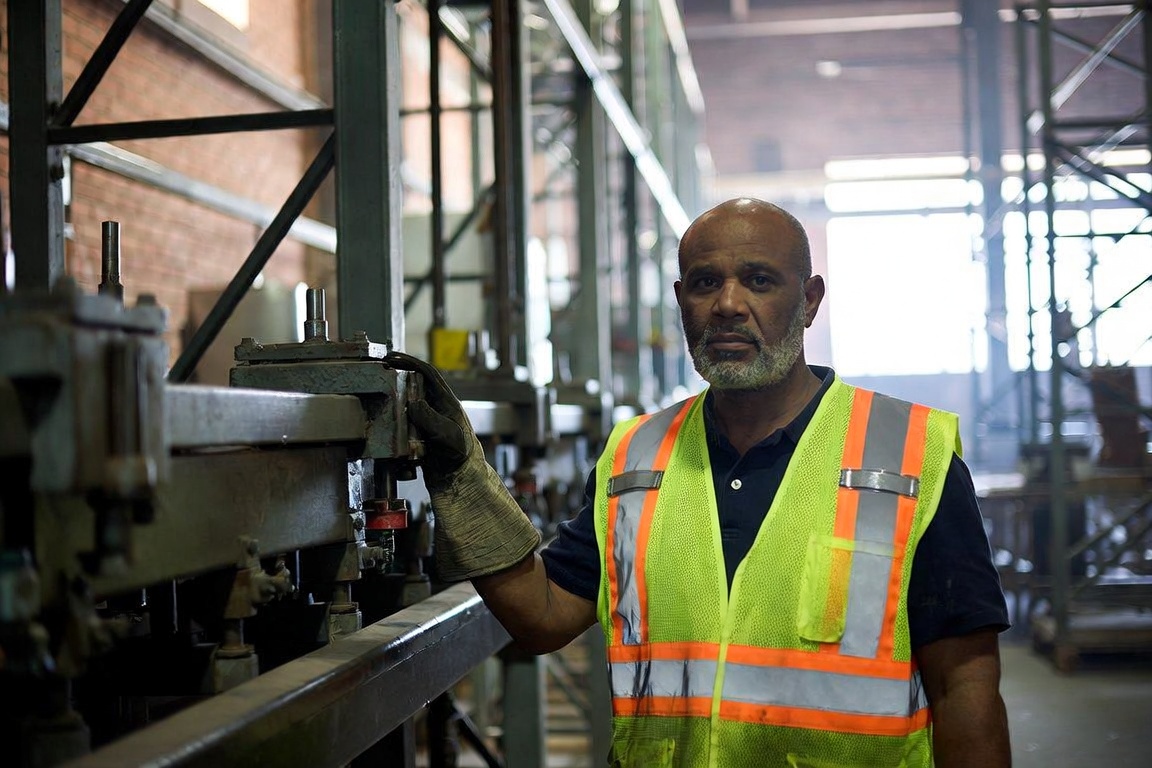 Pennsylvania warehouse worker in a hi-vis vest beside industrial machinery