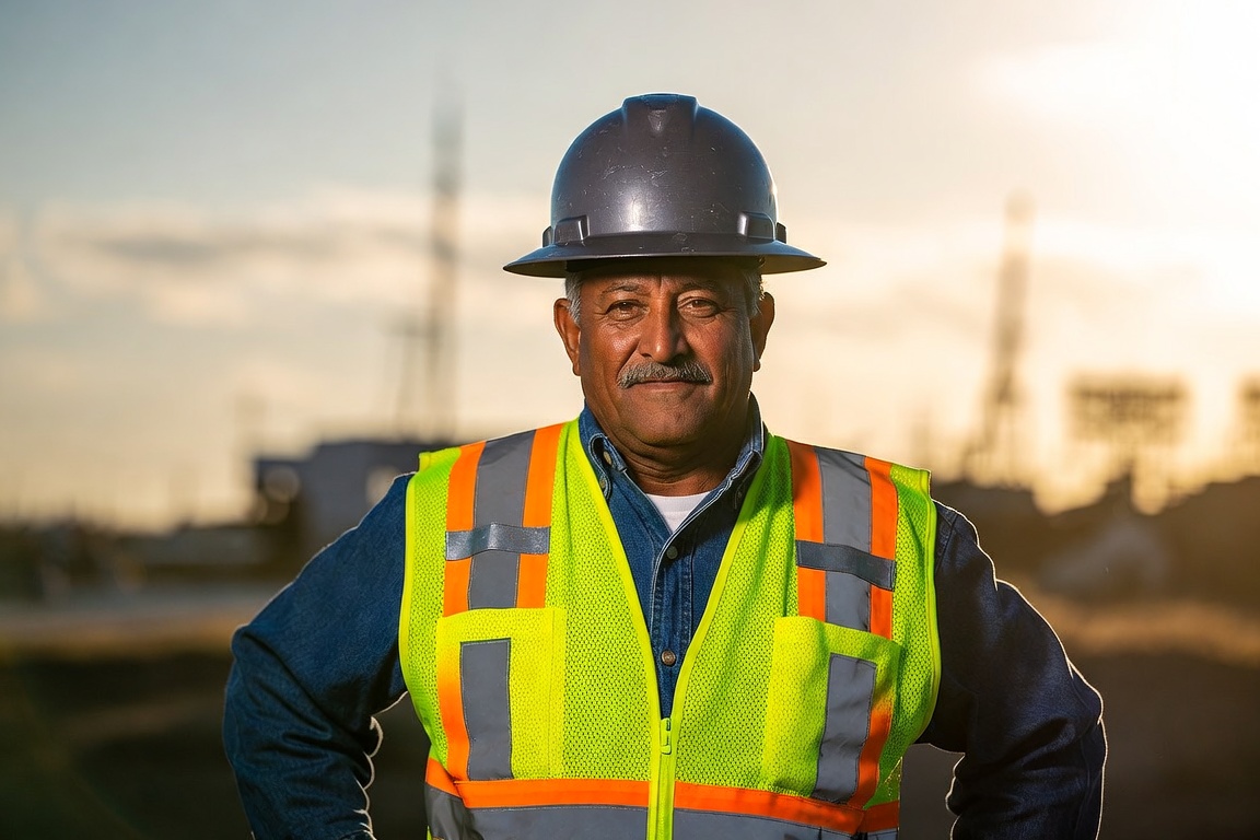Texas construction worker in a hard hat and hi-vis vest at a job site