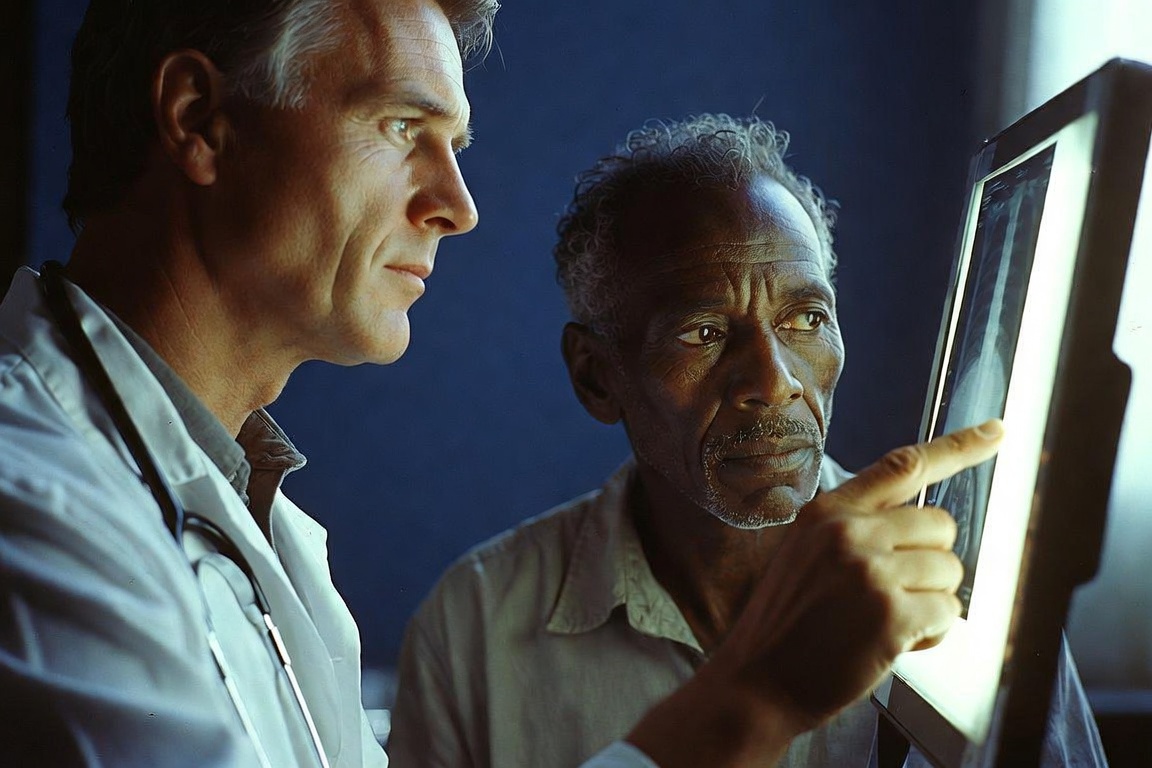 Doctor reviewing an X-ray with an injured worker patient