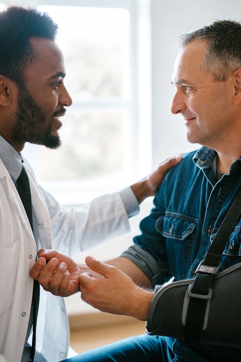 Workers' compensation doctor examining an injured worker in a clinic exam room
